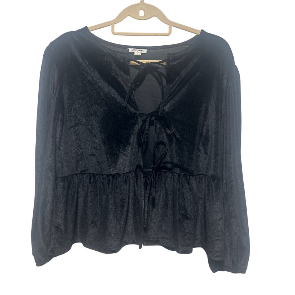 Black Whimsigoth Goth Peasant Velvet 3/4 Sleeve Flowy Tie-Front Blouse M NWOT
